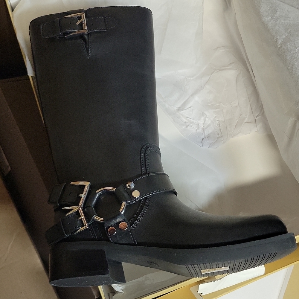 Michael Kors Black Leather Combat Boots with Buckles